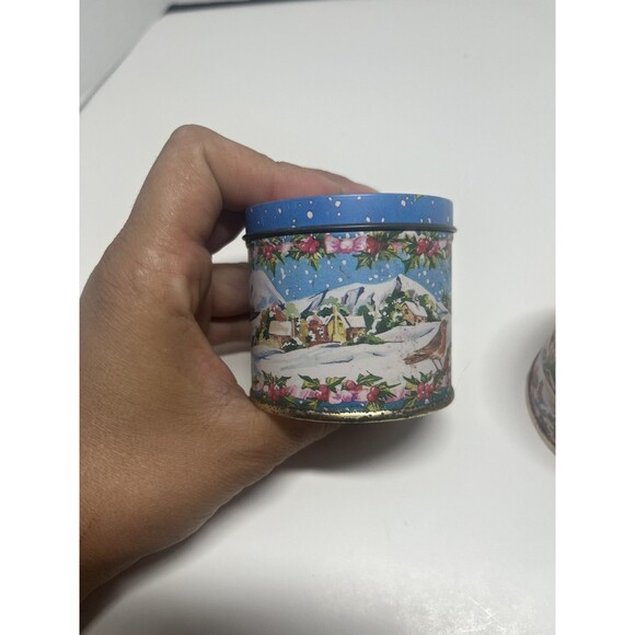 2 Vintage 1985 Lillian Vernon Christmas Used Winter Scene Candle Tins w/Lids - Picture 3 of 9